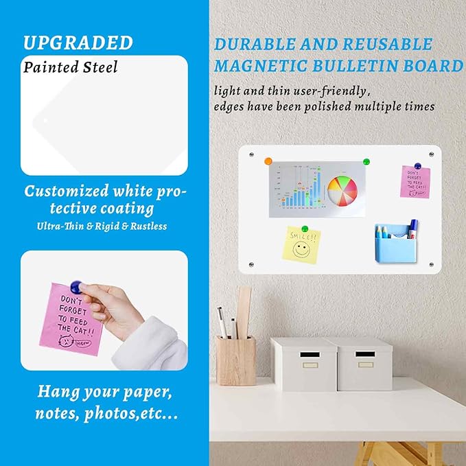 Magnetic Board 17.5" X 11.7" Magnet Board for Wall Stainless Steel Metal Magnetic Board for Wall for Magnet Display Photos Office Supplies Kitchen Stuff Bulletin Board Vision Board(White 1PC)
