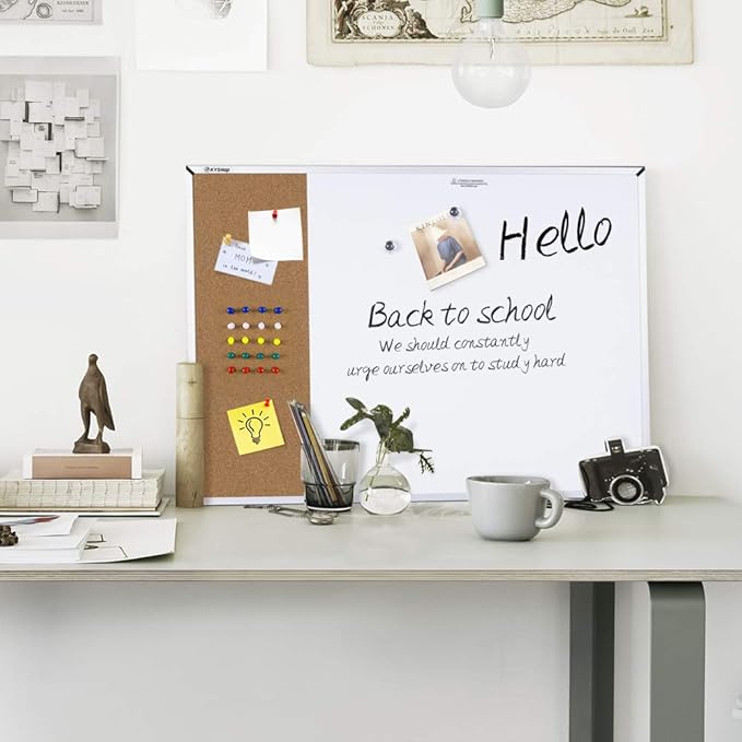 White Board & Cork Bulletin Board, 24" X 18", Combination Dry Erase Board & Cork Board, Vision Board for Home, Office, School - Includes 6 Magnetic Markers, 1 Eraser, 2 Strong Magnets and 10 Pins.…
