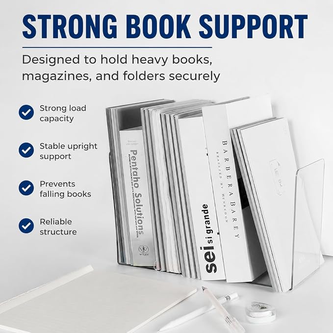 2 PCS Clear Bookends Acrylic Book Ends for Heavy Books Non Slip Book Stopper Holder Decorative Desk Shelf Organizer for Office Home School (Clear)