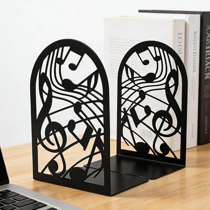 Book Ends, Bookends, Book Ends for Shelves, 2Pair Non Skid Metal Book Divider Decorative Holder, Abstract Art Desgin Book Stopper Supports for Office, Home (Music Note)