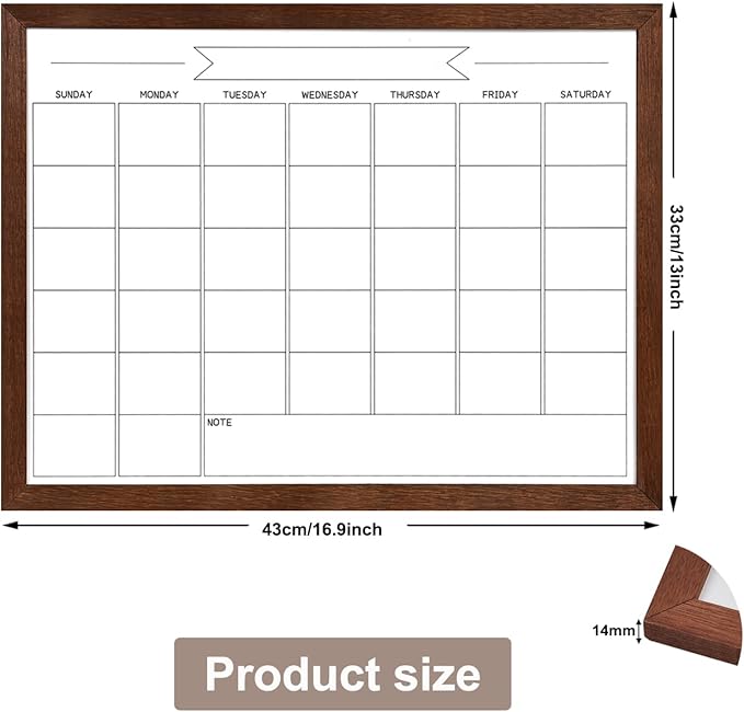 Dry Erase Monthly Calendar Whiteboard, Magnetic Whiteboard for Wall, Hanging Board for Office, Home School, Solid Pine Wood Walnut Brown Framed Message Board, 13"x 17"(YL-WB-3343-B)