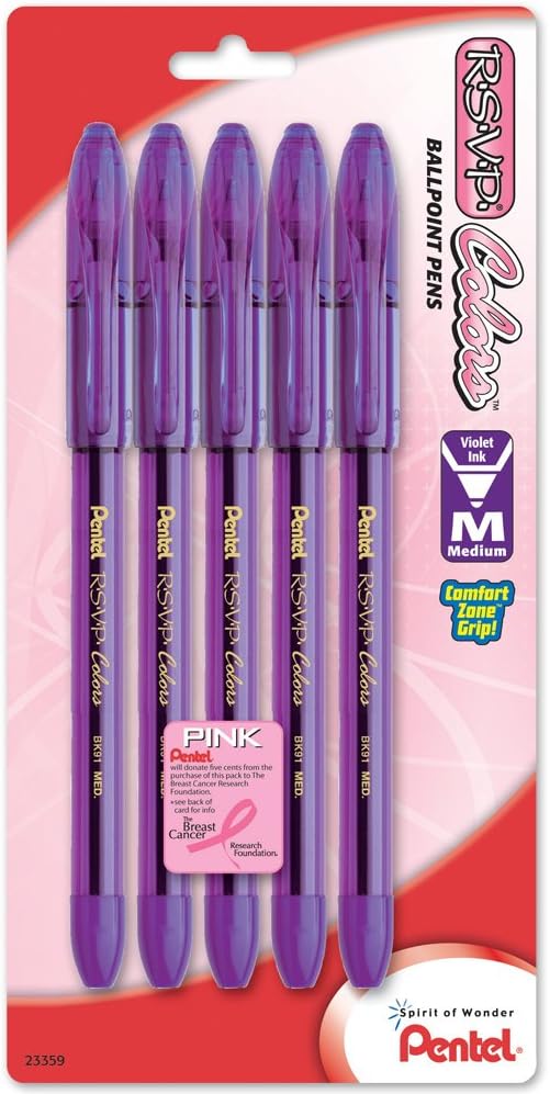 Pentel R.S.V.P. Colors Ballpoint Pen, 1.0mm, Medium Line, Violet Ink, 5 Pack (BK91CRBP5V), Black