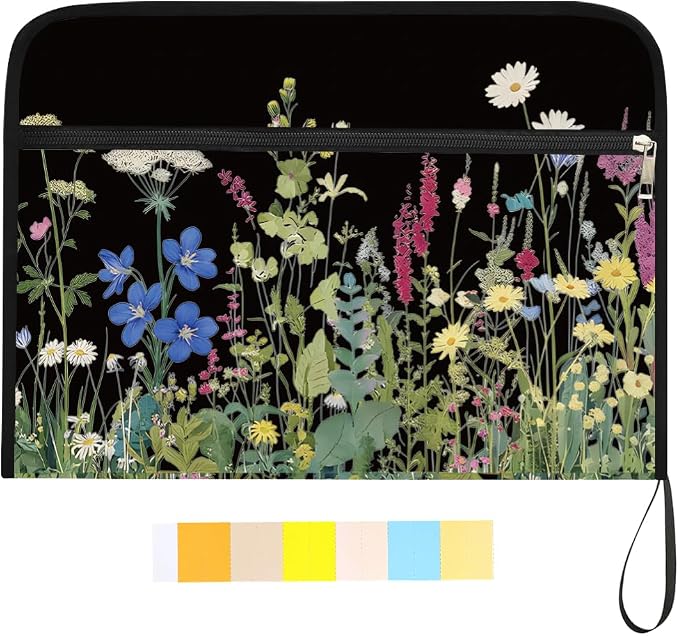 WEBEEDY Flower Expanding File Folder 13 Pockets Dark Background Wildflower Accordion File Folder with Labels and Zipper, Portable Expandable Document Organiser for A4 Paper Photo Receipt Paperwork