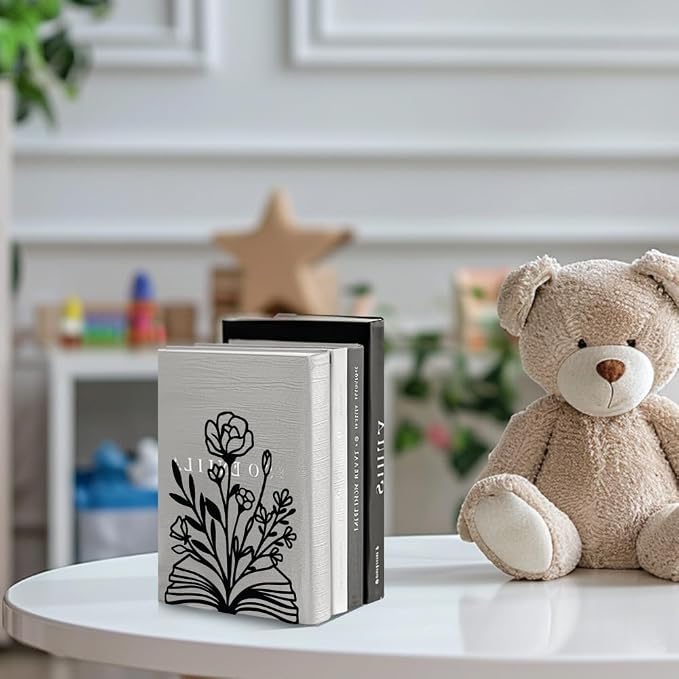 Peacoblue Metal Bookends for Shelves, Modern Decorative Heavy Duty Study Book Support Stoppers for Office, Desk, Shelf, Room 5.3"x4.3"x7.9" Cast Iron Simple Tall Bookends, 1 Pair (Books and Flowers)