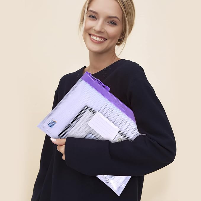 Wisdompro Zipper Pouch, 4 Packs Durable Letter Size Waterproof Mesh File Bag, Document Organizer - Blue/Purple