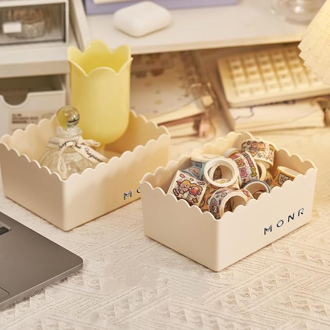 Desktop Storage Basket, 2-Pack, Decorative Scalloped Plastic Organizer, Kawaii Style (Light White, Small)