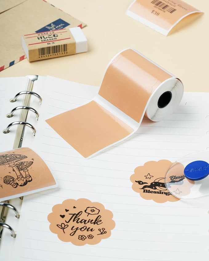 Phomemo Thermal Labels-Brown Round Kind of Flower Shaped 1.96" x 1.96"(50x50 mm) for Barcode,Address,Business,Logo,DIY,Home Tag, for M110/M220/M221/M100/M250 Label Maker, Black on Brown, 140/roll