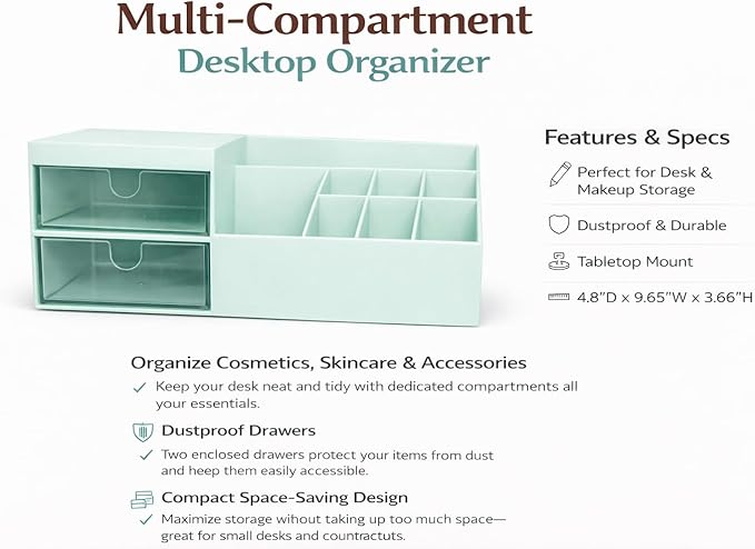 Desktop Drawer Storage Organizer – Multi-Purpose Plastic Makeup & Office Storage Box with Divided Drawers, Dust-Proof Vanity Organizer for Cosmetics, Jewelry & Stationery (Blue)