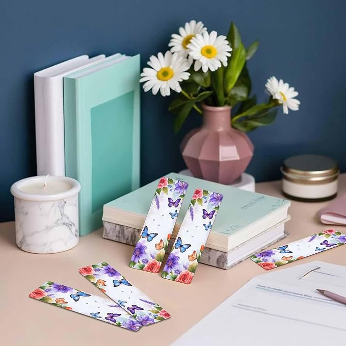 Purple Butterflies Bookmarks Set 5 with Tassels Insect Blue Pink Wooden Bookmarks for Reading Women Men Students Teachers School Supplies