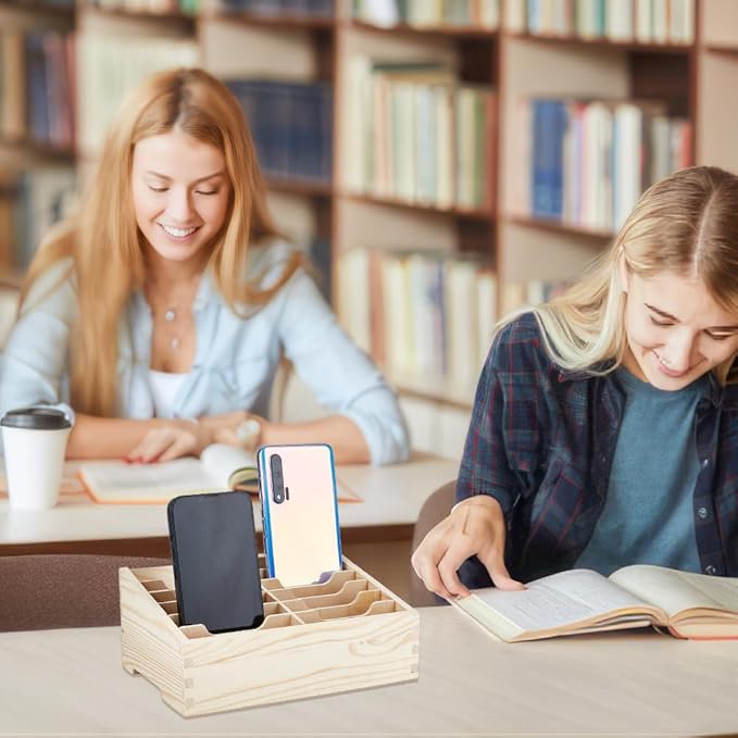 BENECREAT 12-Grid Wooden Cell Phone Holder, Multifunctional Mobile Phone Organiser, Desktop Organiser for Classroom Office Desktop Storage, Antique White