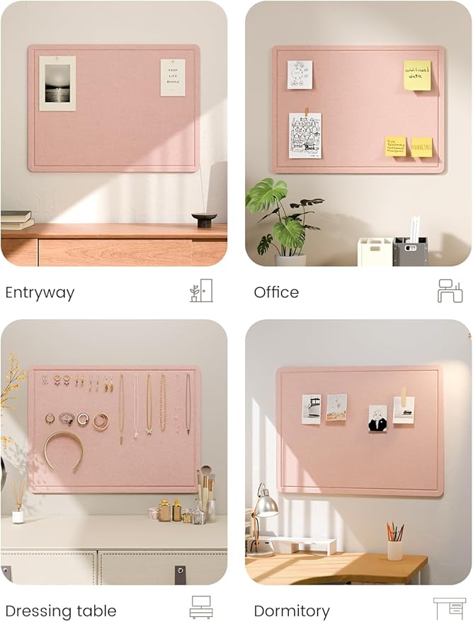 Fluxynara Bulletin Board, 23.6" x 17.5" Cork Board Alternative with 12 Safe Removable Adhesive Tabs, Foldable Felt Pin Board for Home Office, Classroom, Bedroom,Entryway for Walls—Pink