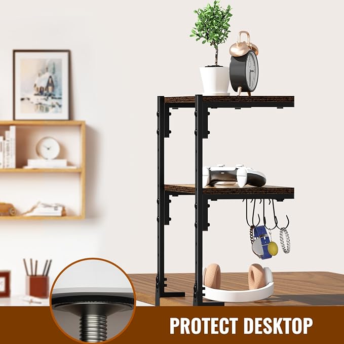 Clamp-on Desk Shelf, 13 inch Above or Below Desk 2-Tier Shelving, Adjustable Metal Storage Tray for Gaming Devices or Office Desk Accessories and More, Brown, Patent Pending