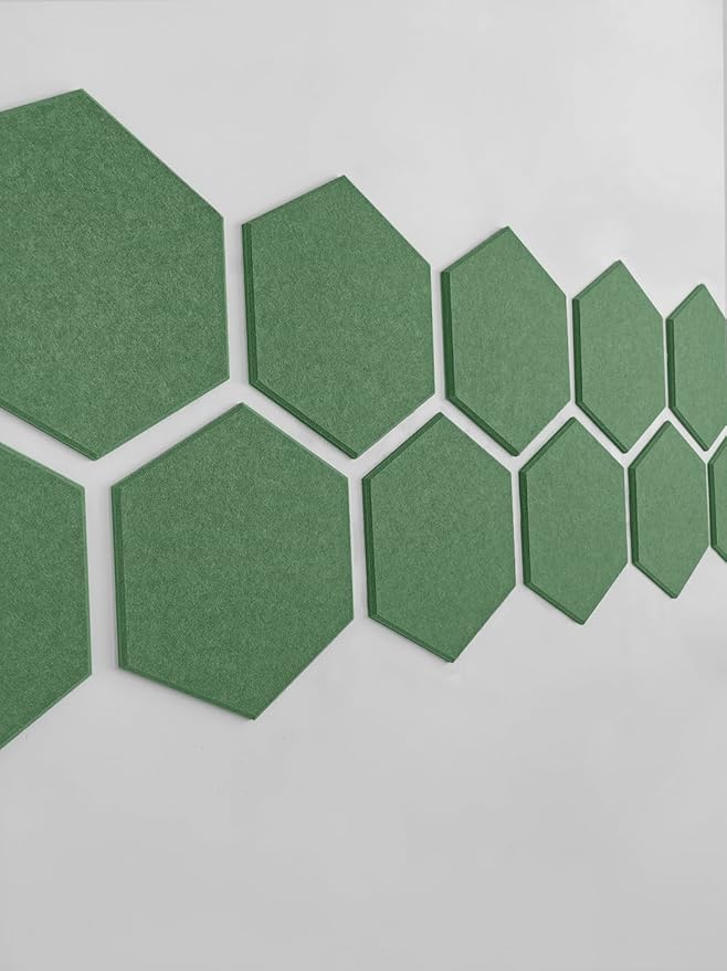 Hexagon Felt Board Tiles - 12 Packs Self Adhesive Pinboard & Acoustic Panels | Modern Office Wall Decor for Home | Sound Absorbing Bulletin Board - Forest Green