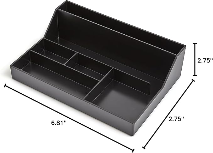 TRU RED Plastic Desktop Organizer, 6‑Compartment, Black – Desk Storage for Office Supplies & Accessories