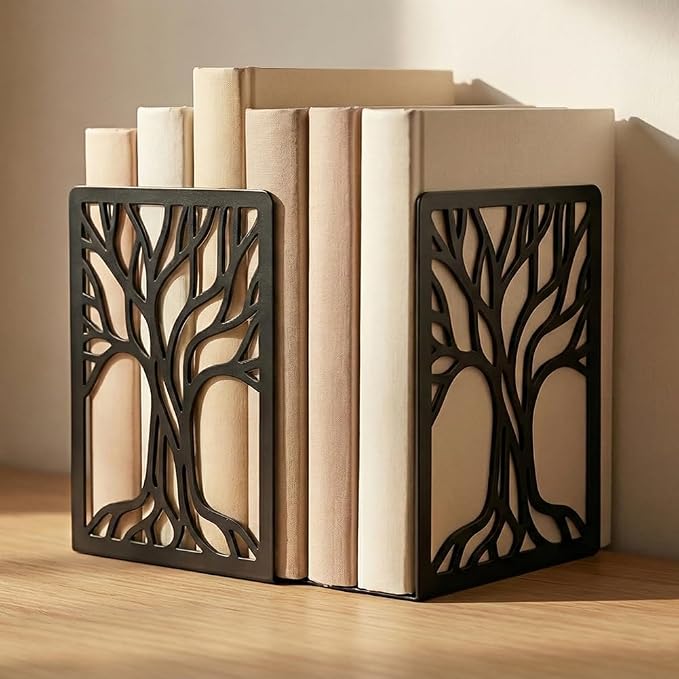 2 Pcs Black Bookends, Sturdy Metal Bookends for Shelves Decorative Book Organizer with Unique Tree Design for Home Library Office Desk
