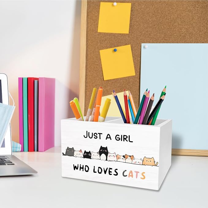 Funny Cat Pen Holder for Desk, Cat Lover Lady Mom Owner Gifts Pencil Organizer, Just a Girl Who Loves Cats Wooden Box Sign Desk Decor for Home Office Decoration