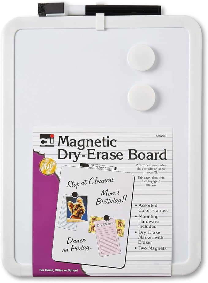 Framed Magnetic Dry Erase Board with Marker & Magnets, Assorted Colors, 8.5" x 11", Pack of 1