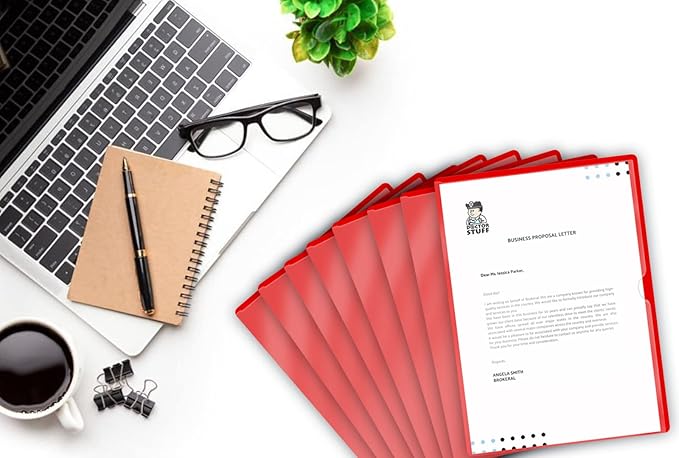 Doctor Stuff - 25 Pack L-Type Vinyl Plastic File Folders Letter Size, Red Pocket Project Folders Clear Front, Documents Holder for Home, High School, Office and Medical Files