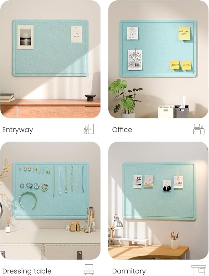 Fluxynara Bulletin Board, 23.6" x 17.5" Cork Board Alternative with 12 Safe Removable Adhesive Tabs, Foldable Felt Pin Board for Home Office, Classroom, Bedroom,Entryway for Walls—Aqua Blue