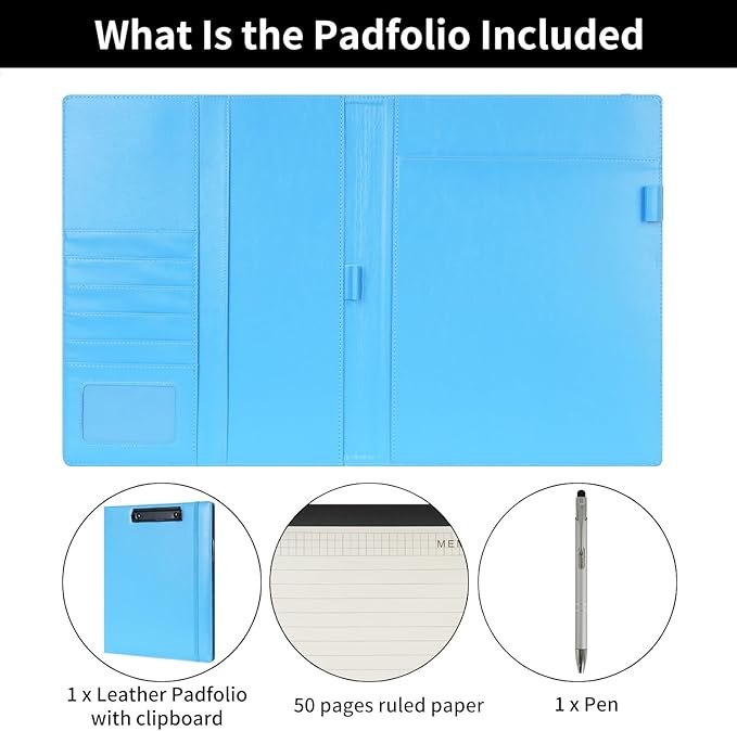Wonderpool A4 PU Leather Clipboard Partfolio Notepad Forms Holders Document Case - Interview Planner Meeting Writing Padfolio File for Office Travel School Hotel (Sky Blue, A4)