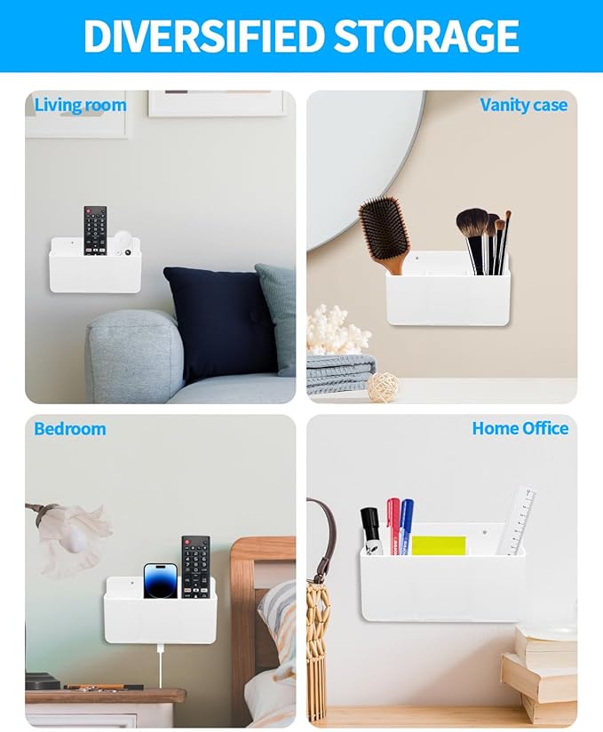 3 Slot Adjustable Remote Control Holder Wall Mount, Adhesive Remote Organizer for TV Controller with Hollow Bottom for Charging, Wall Pen Holder for Home Office School (White, 1)