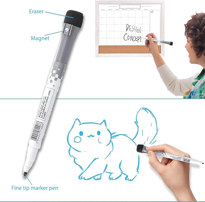 Dry Erase Calendar Whiteboard for Wall, Combination Magnetic Dry Erase White Board & Bulletin Board, 13" x 17" White Wood Framed Calendar/Cork Combo Board,Including 8 Markers and 1 Eraser(WH-3343+1)
