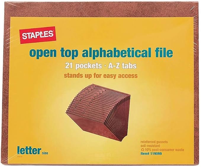 Staples Letha‑Tone Expanding File, A–Z Alphabetical Index, 21‑Pocket Organizer, Letter Size, Brown Redrope