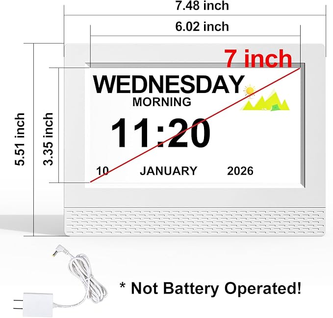 Clock with Day and Date for Elderly, 7" Display Digital Calendar Day Clock with 21 Custom Alarms and Medicine Reminders, 17 Display Modes, Dimmable Dementia Alzheimers Clocks for Seniors