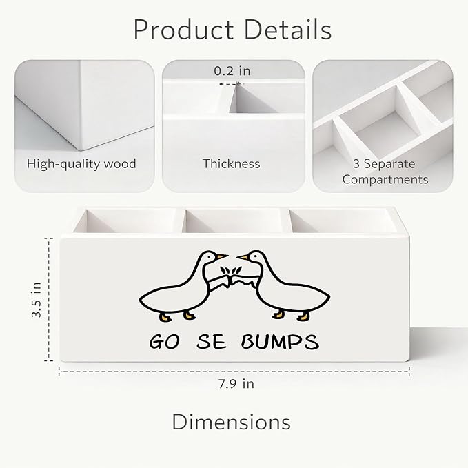 Goose Wooden Desk Organizer, Cute Goose Design Pen Pencil Holder with 3 Compartments, Decorative Office Supply Storage Box for Desk, Home, Office, Gift for Animal Lovers