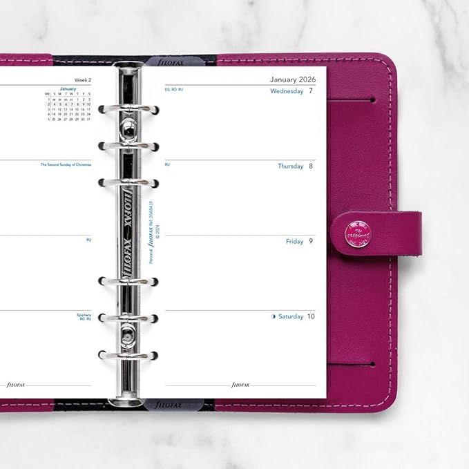 Filofax Calendar Diary Refill, Personal/Compact Size, Week-to-View with Notes Section, Sunday to Saturday, White Paper, Unruled, English, 2026 (C68419-26)