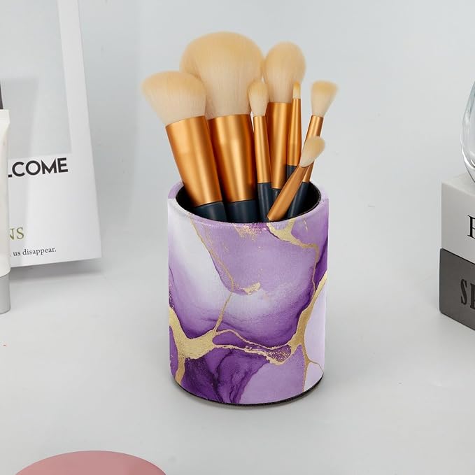 Leather Pen Holder for Desk, Purple Marble Makeup Brushes Holder Pencil Cup Multifunctional Desktop Organizer Caddy for Home School Office Desk Accessories
