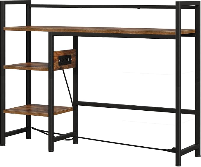 Book Shelf with 3 Tier Open Shelf, Bookcase with Light Strip and Outlet, Bookshelf & Desk Shelfs for Computer Desks, Desk Hutch Bookshelfs for Home Office Adjustable Desktop Shelf Rustic Brown