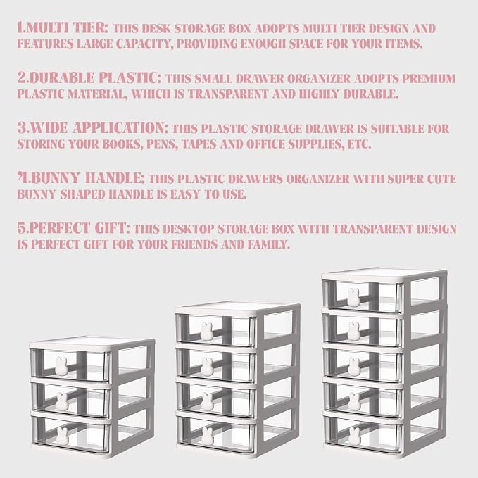 5-Tier Desk Storage Box, Transparent Plastic Organizer with Bunny Handles, Large Capacity Multi-Level Drawer for Books, Pens, Office Supplies, Perfect for Home, Office, or Study