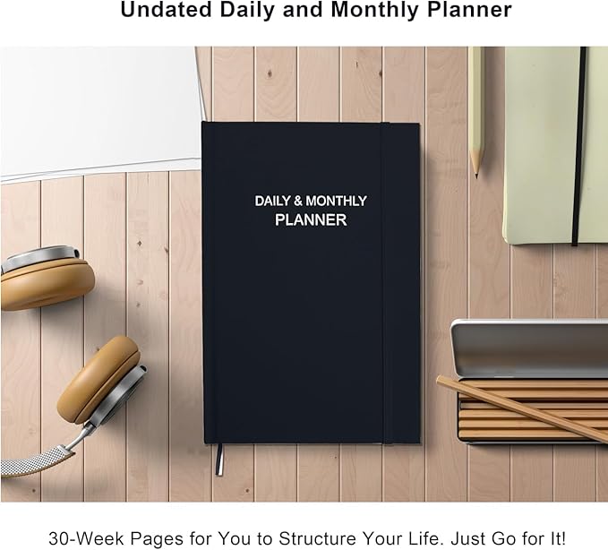 Daily & Monthly Planner for 2026 or Anytime - ADHD Planner Two Pages Per Day, Daily Planner Undated to Increase Focus, Eliminate Overwhelm, Achieve Your Biggest Goals, 5.8'' × 8.3'', Black