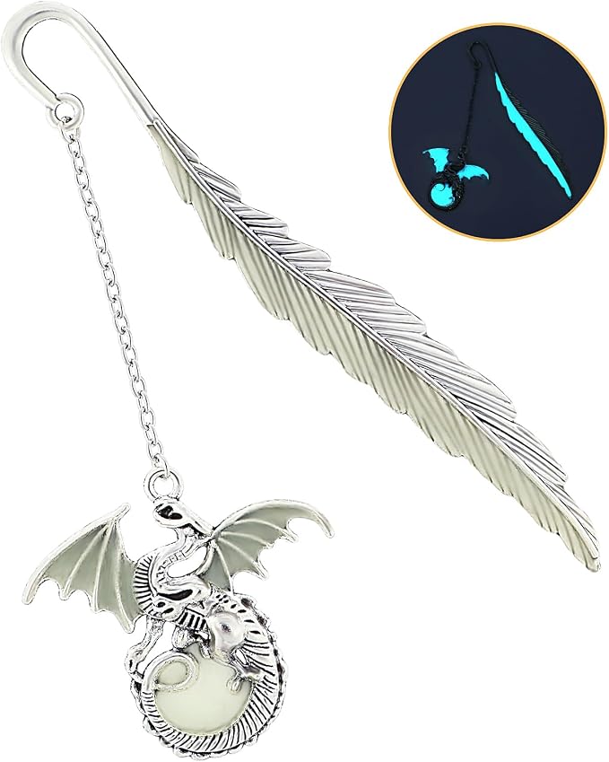 Jeffdad Feather Dragon Bookmark - Glow in The Dark Fantasy Bookmark Gifts for Women & Men (Silver Dragon)