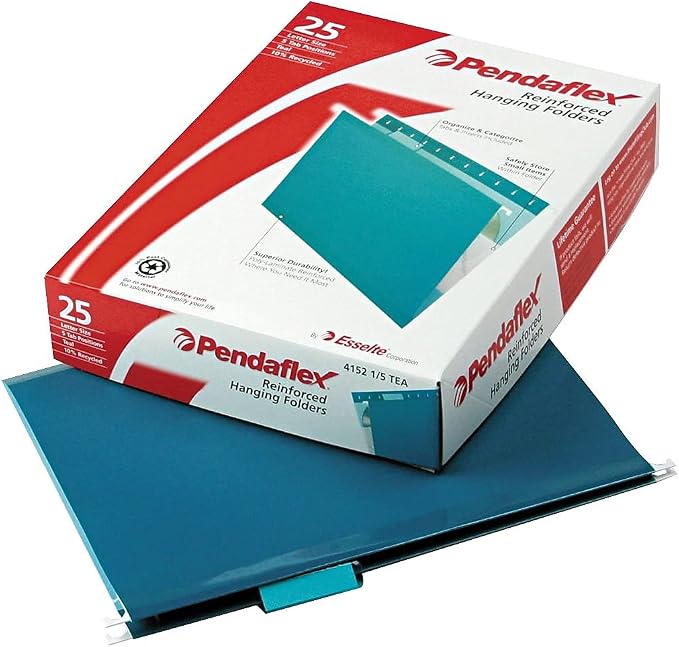 Pendaflex Reinforced Hanging File Folders, Letter Size, Teal, 1/5 Cut, 25/BX (4152 1/5 TEA)