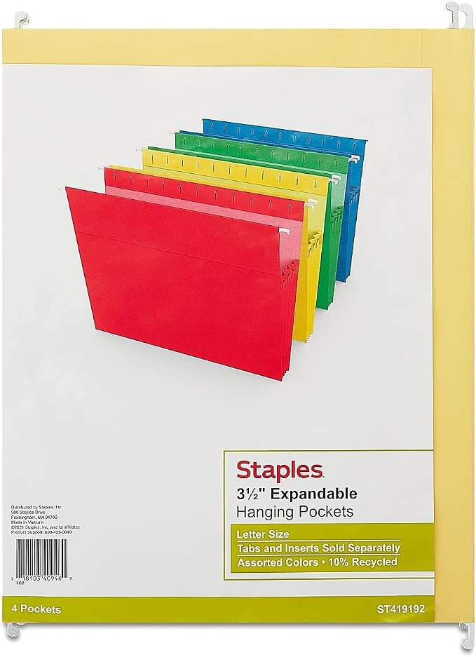 Staples Hanging File Folders, Letter Size, 3.5" Expansion, Assorted Colors, Heavy‑Duty Box‑Bottom – 4/Pack