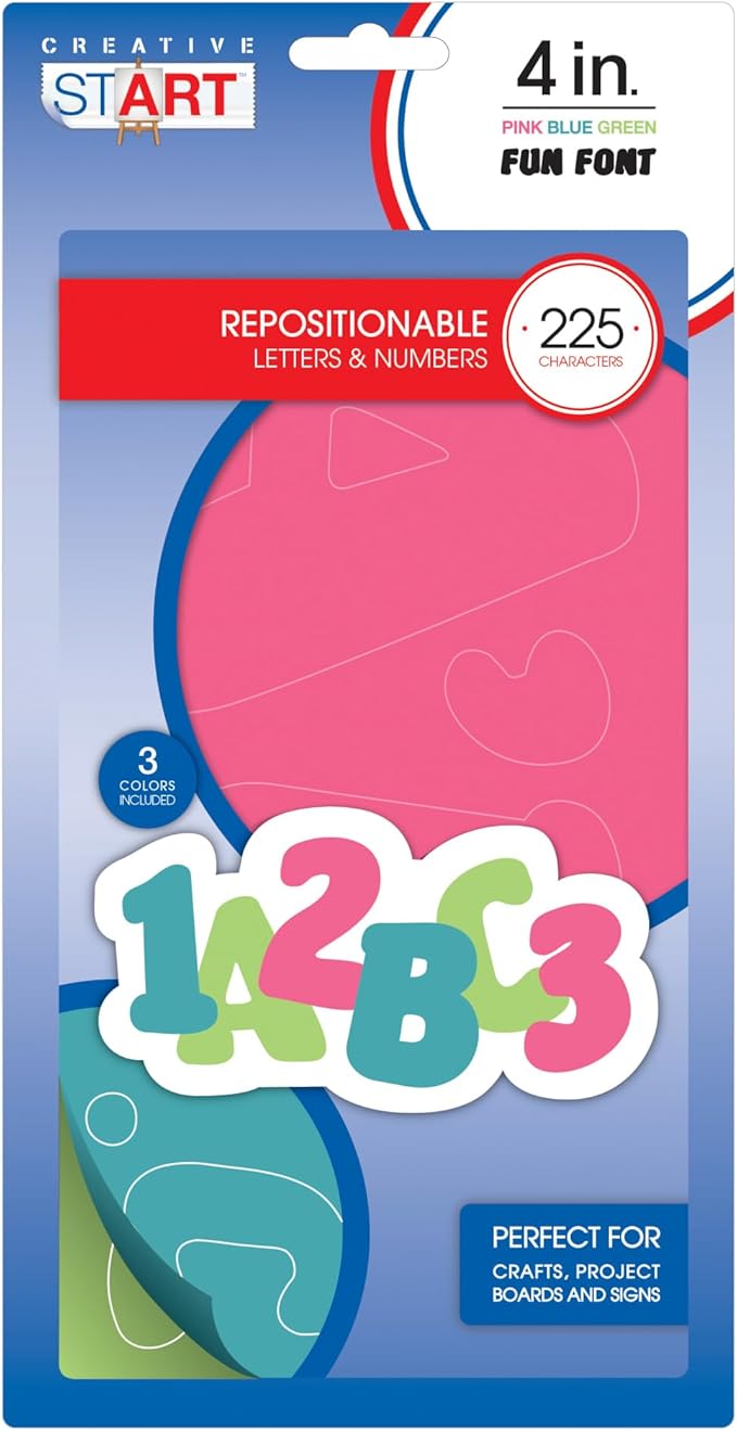 Cosco Creative Start 4 in Repostionable Letters & Numbers, Pink, Blue, Green
