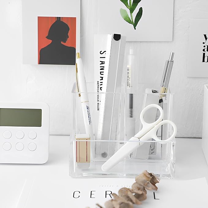 Small Acrylic Desk Organizer, Clear Acrylic Pencil Pen Holder, 3 Slots Desk Accessories Desktop Desk Tidy Caddy Makeup Brush sorter Holder for Office Vanity Countertop Bathroom Bedroom