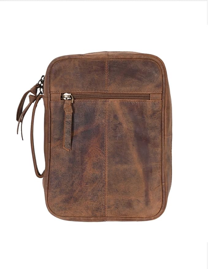 Genuine Leather Bible Case for Men & Women 11 x 8 inch, Bible Cover with Handle & Zip Clousre, Pen Holder, Multiple Storage Compartments Bible Carrying Bag (Brown)