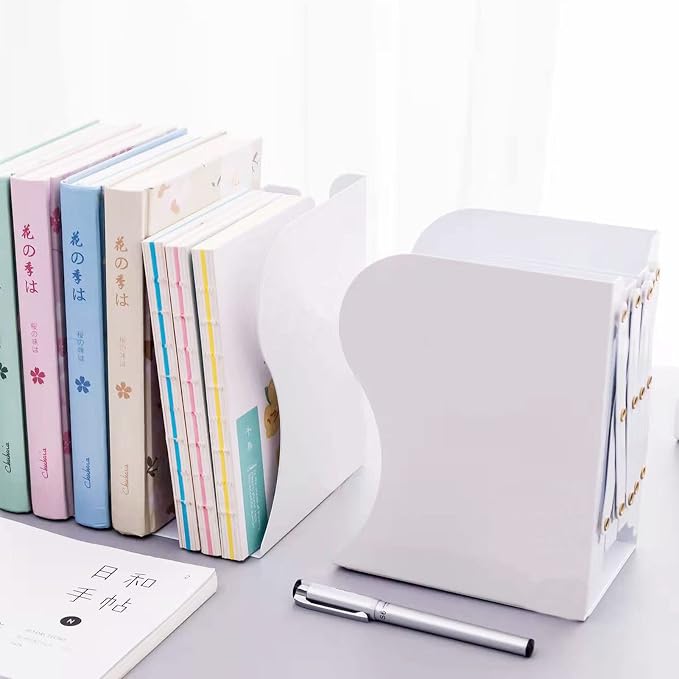 Adjustable Metal Bookends Heavy Duty for Shelves, 2 Dividers, Anti-Slip Design Expandable Book Ends for Desk, Office(White, 19 inches Max)