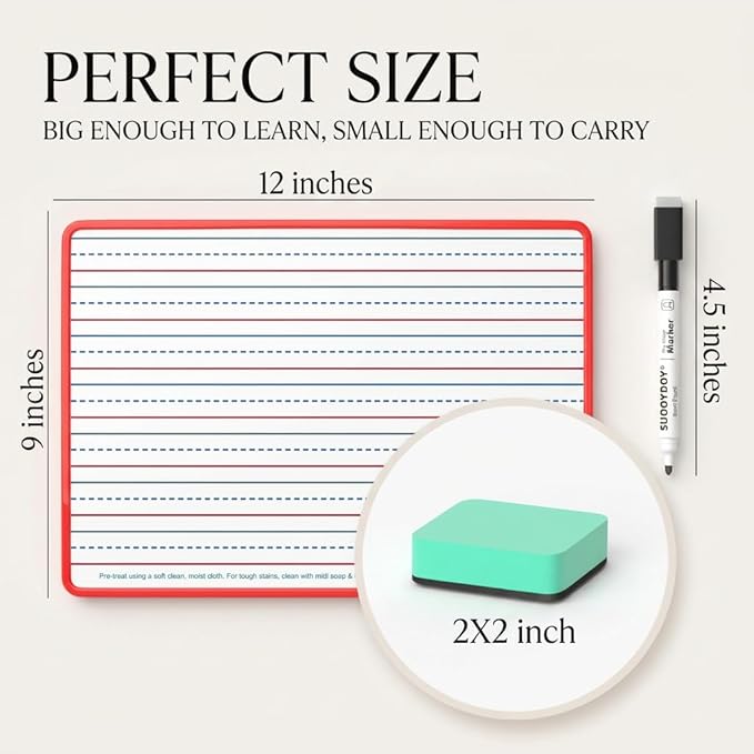 Dry Erase Boards 6 Pack, Colored Frame Double Sided Magnetic Small Whiteboards with Lines for Kids, Students, Teacher & Classroom Pack