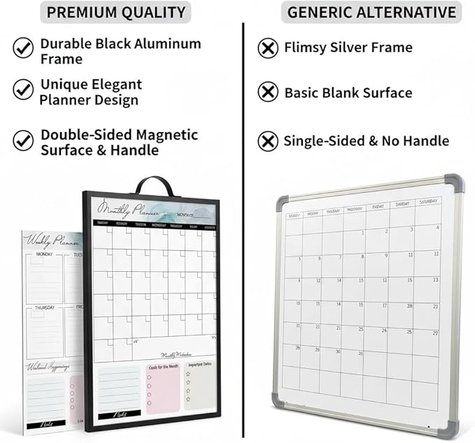 Black Magnetic Dry Erase Whiteboard 12 x 16 Double Sided, Portable Planner Board with Weekly Monthly Sheets, Write and Wipe to Do List Board, Includes 3 Markers Eraser 2 Magnets