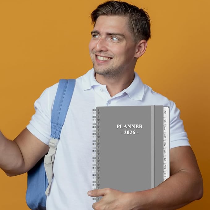 2026 Planner - 8.5" x 11" Weekly Monthly Planner from January 2026 to December 2026, Planner 2026 with 12 Monthly Tabs, Inner Pocket, Elastic Closure, Grey