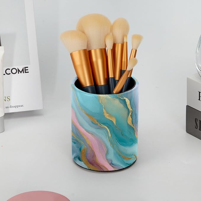 Green Marble Abstract Art Leather Pen Holder for Desk, Multifunctional Desktop Organizer Pencil Cup, Desktop Caddy Stationery Organizer for School Home Office Desk Accessories