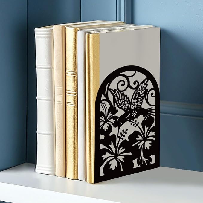 Hummingbird with Hibiscus Book Shelf Decorative Bookends for Shelves, Book Ends for Heavy Books, Metal Bookends for Desk Organizer, Office Library Decor Decorative Books for Home Decor