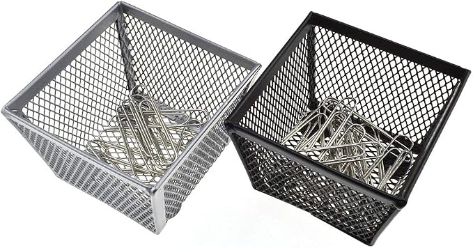 HAHIYO Stackable Paper Clip Mesh Holder Cup 2.2" Height 4 Pack Sturdy Paperclip Holder Container for Desk Drawer Organizer Collection for Home Office School Black Silver Soft Foam Feet No Sharp Edges