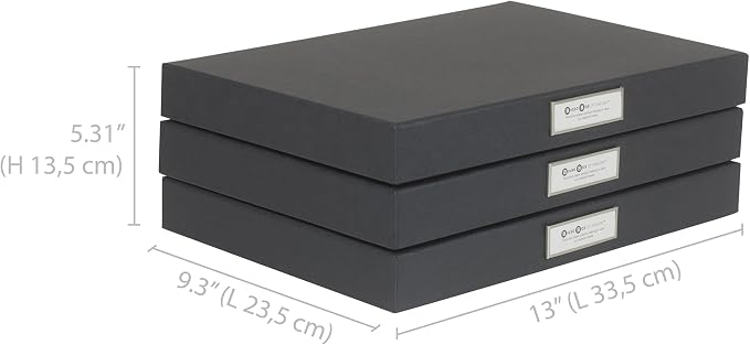 Bigso Sven Fiberboard Classic Hinged Document Box - File Organizer for Important Paperwork - Document Storage Box with Hinged Lid & Label Window - 1.8 in x 13.2 in x 9.3 in - 3 Pack - Dark Grey