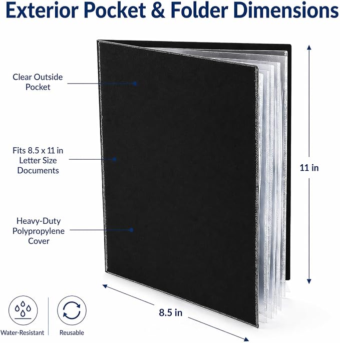 Ultra PRO - 50 Pack Black Heavy Duty 2-Pocket Folders with 6 Clear Internal Pages, Waterproof Poly Project Organizer for School and Office, Fits 8.5 x 11 Letter Size, Customizable Clear Covers