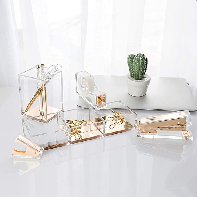 Premium Acrylic and Gold Base Note Holder, Paper Clips Holder for Desk, Cube Memo Pad 3 Compartments Desktop Organizer